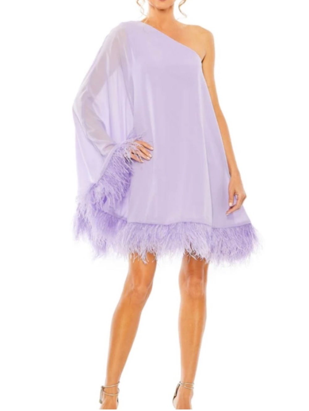 NEW Mac Duggal One Shoulder Trapeze Dress with Feather Trim Size 4 Lilac 11623
